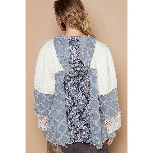 NEW POL Oversized Multi Star Denim Lave Quilted Zip Up Hoodie Medium - Picture 3 of 8